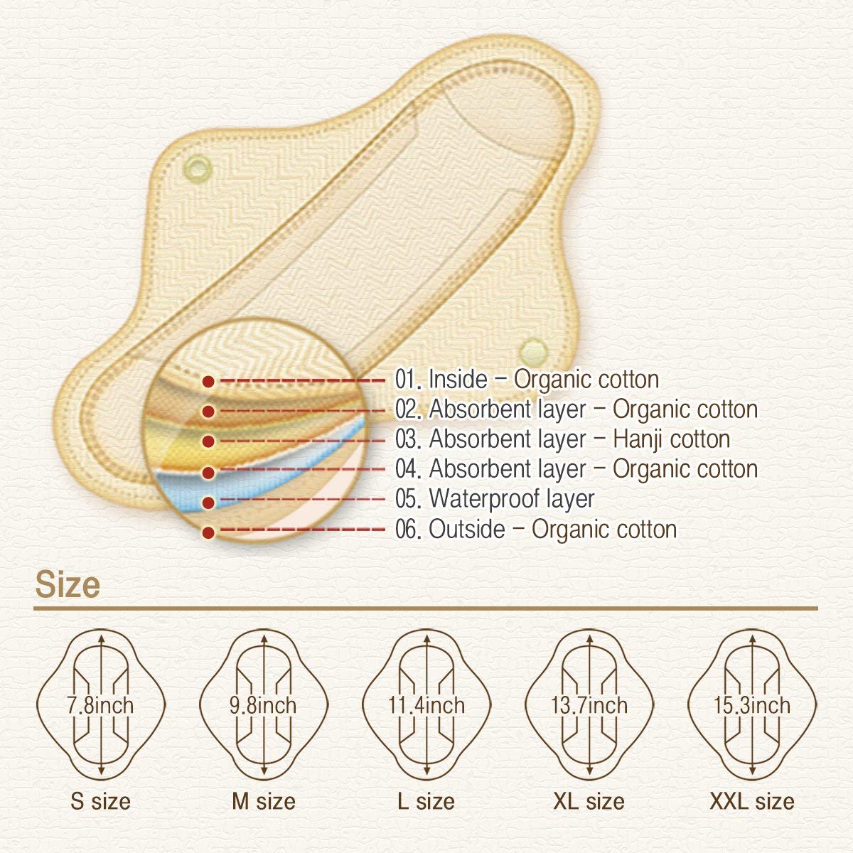 Organic Cotton Reusable Menstrual Pads Natural 3pcs of XS, S, M, or L