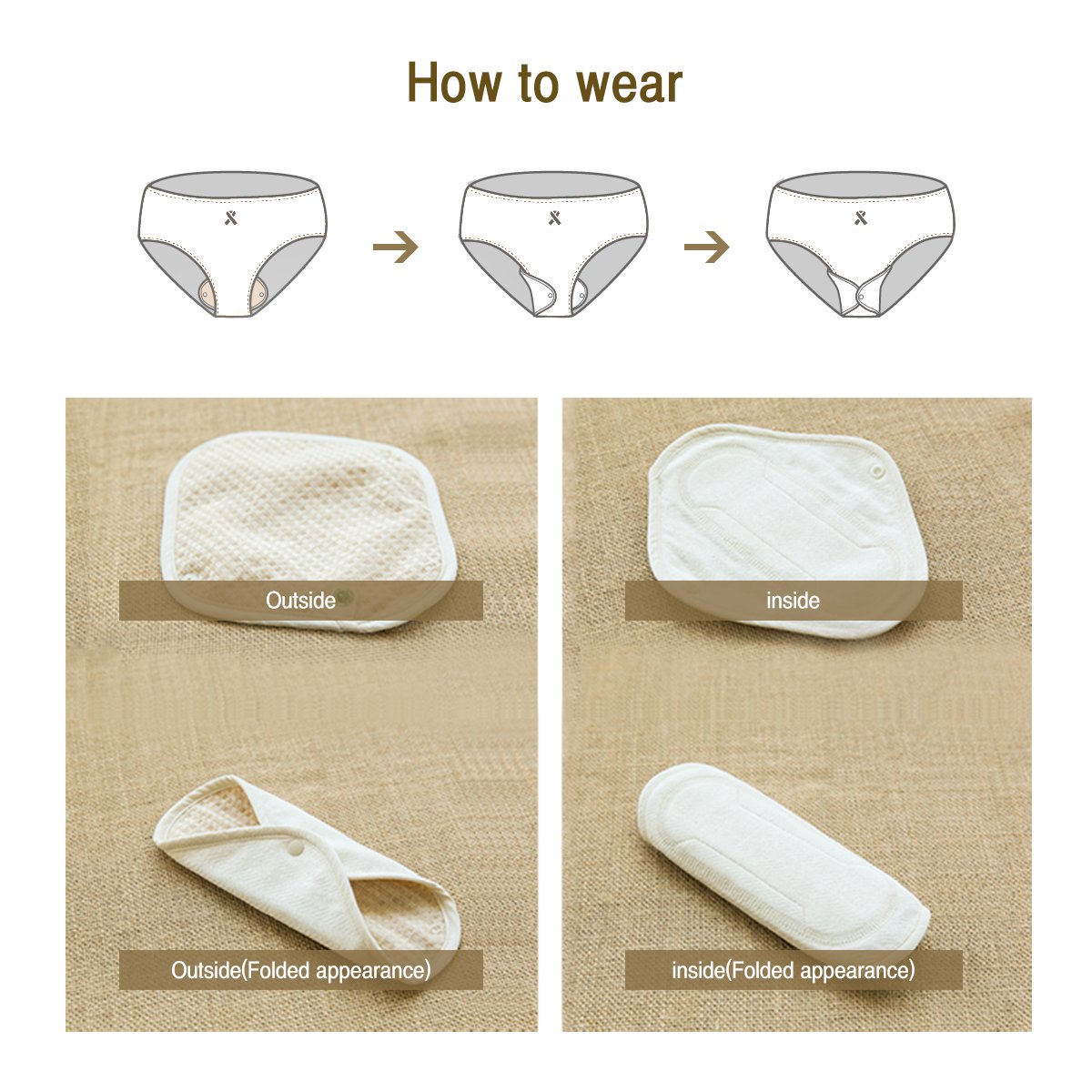 Organic Cotton Reusable Menstrual Pads Natural 3pcs of XS, S, M, or L