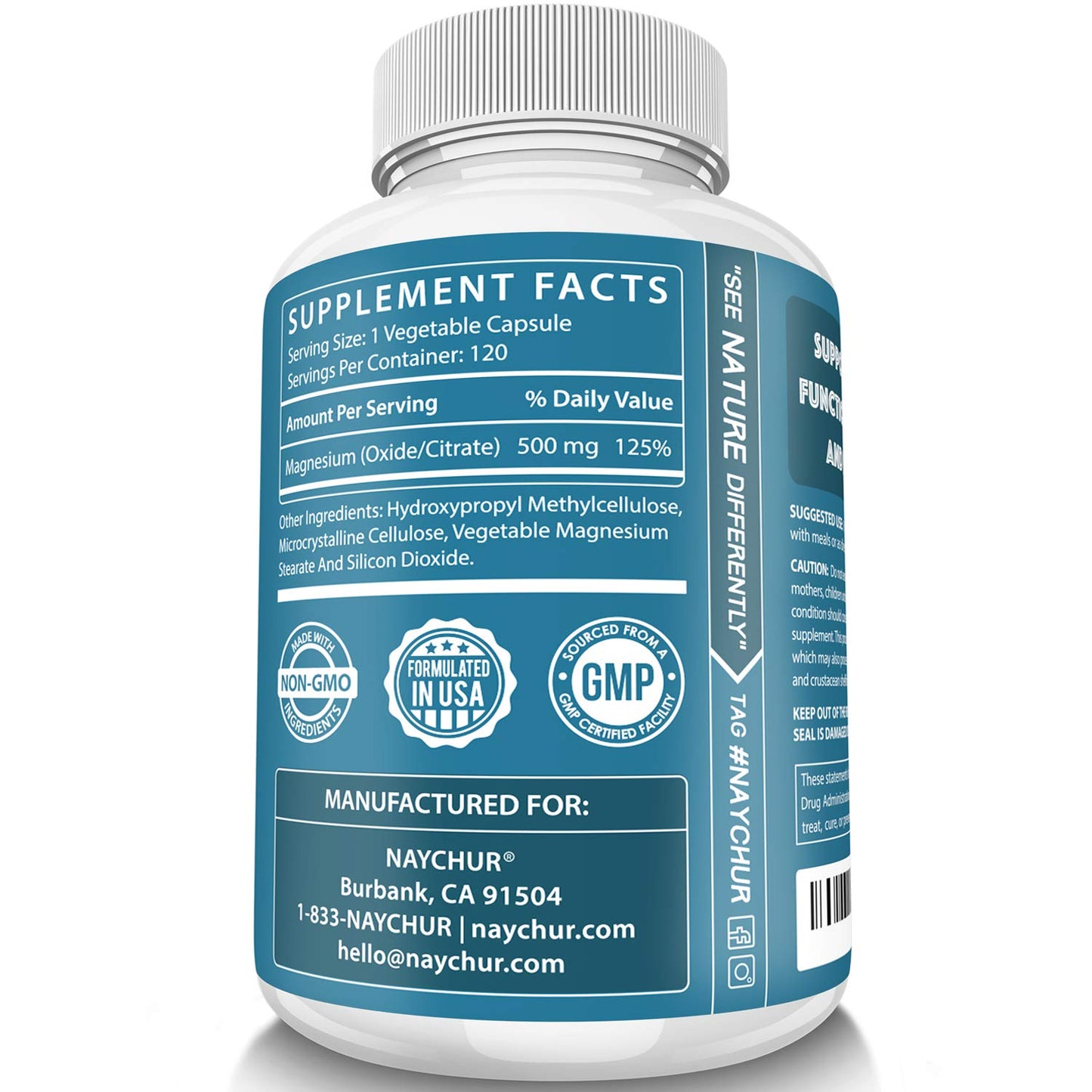 Naychur Magnesium 500mg Non-GMO 120 Vegetable Capsules - Our Ladies