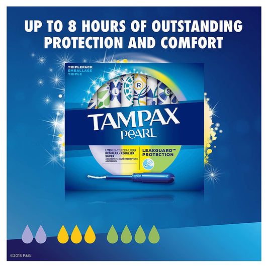 Tampax Pearl Plastic Tampons, Multipack, Light/Regular/Super Absorbency, Unscented, 50 Count