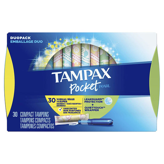 TAMPAX Pocket Pearl, Plastic Tampons, Duopack (Regular-16ct/Super-14), Unscented, 30 Count