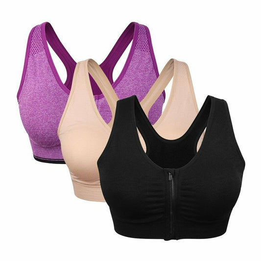Women's Zip Front Sports Bra Wireless (Pack of 3)