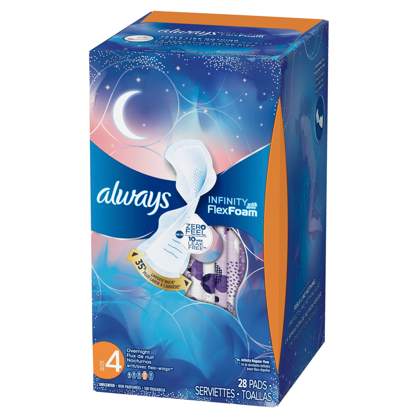 Always Infinity Size 4 Overnight Pads with Wings, Unscented - Our Ladies