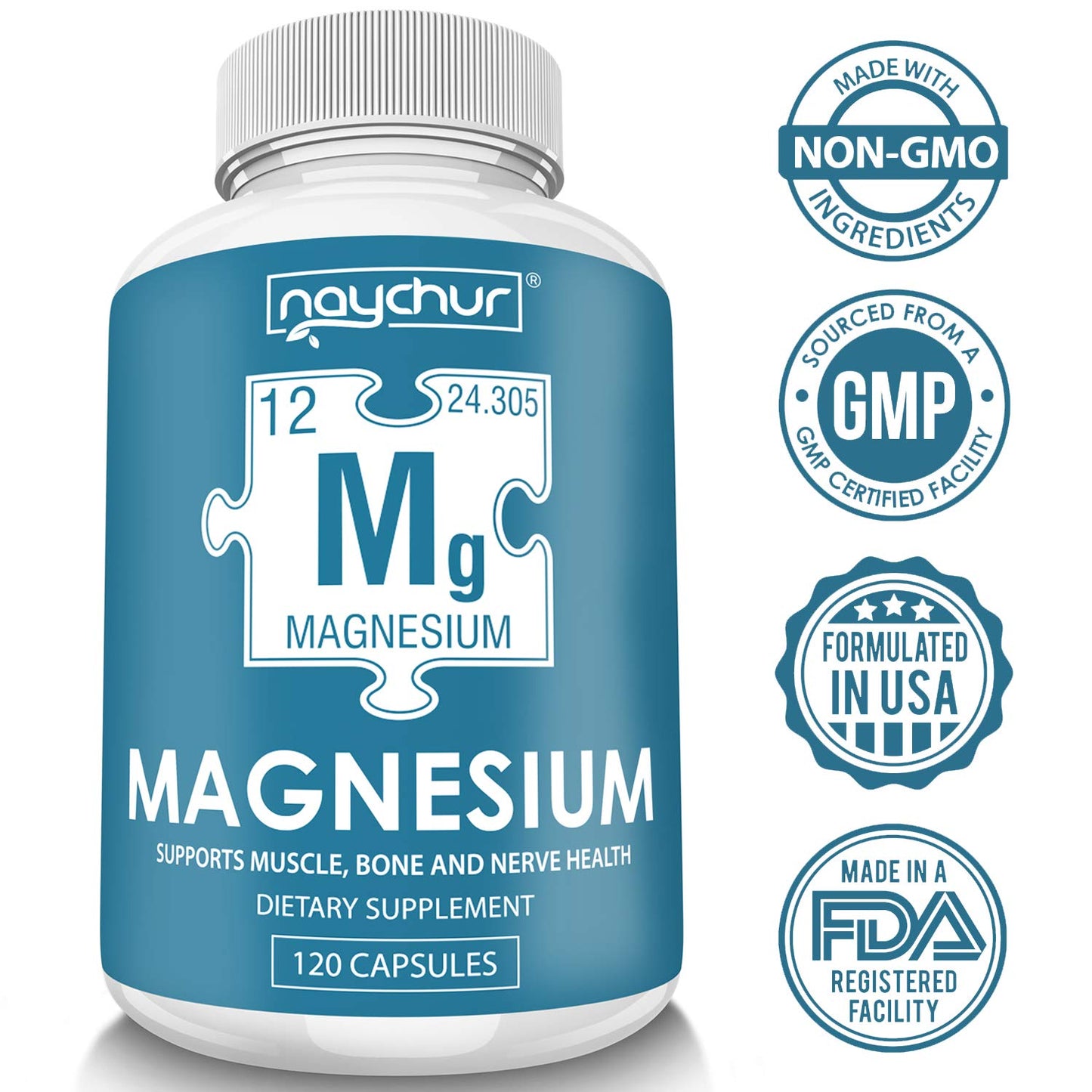 Naychur Magnesium 500mg Non-GMO 120 Vegetable Capsules
