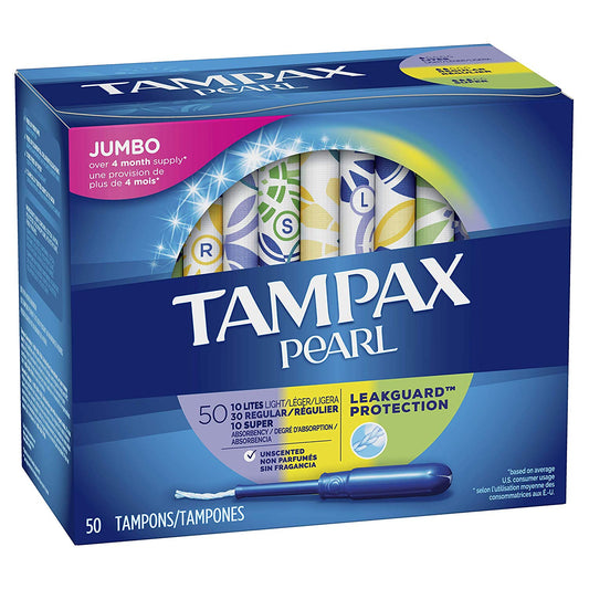 Tampax Pearl Plastic Tampons, Multipack, Light/Regular/Super Absorbency, Unscented, 50 Count
