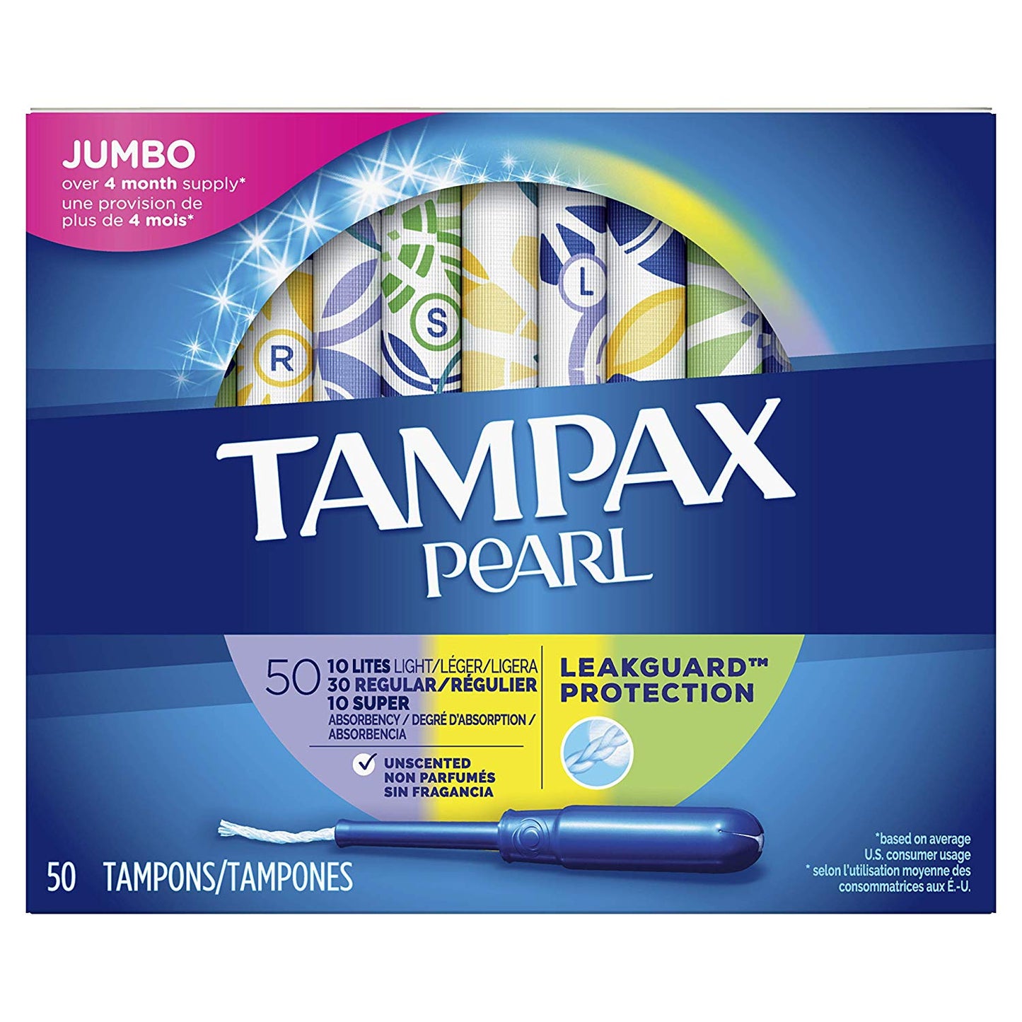 Tampax Pearl Plastic Tampons, Multipack, Light/Regular/Super Absorbency, Unscented, 50 Count