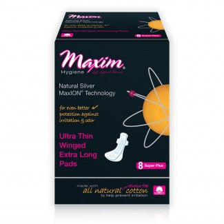 MaxION Natural Cotton Ultra Thin Winged Pads, Super Plus/Overnight, 8ct - Our Ladies