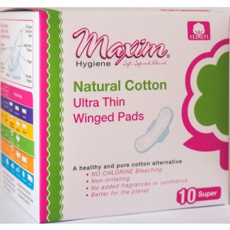 Maxim Natural Cotton Ultra Thin Winged Pads, Super/Nighttime, 10ct - Our Ladies