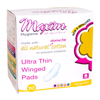 Maxim Natural Cotton Ultra Thin Winged Pads, Daytime/Regular, 10ct - Our Ladies