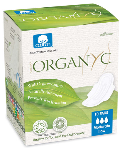 ORGANYC Hypoallergenic 100% Organic Cotton Pads Wings 10ct (Moderate, Super, Heavy Flow)